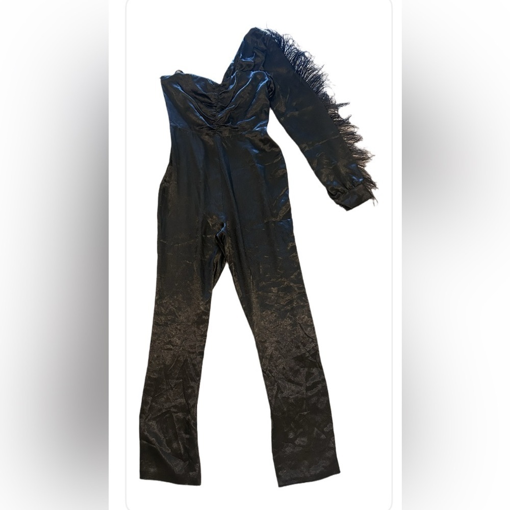 House of Harlow 1960 x Revolve Black One-Shoulder Jumpsuit Feather Detail Small